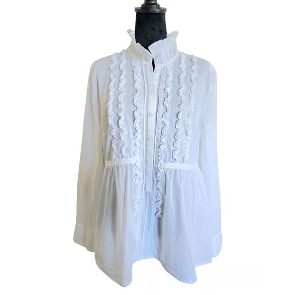 Elle Women's White Long Sleeve Ruffle Button-down Blouse Size L - Picture 1 of 9